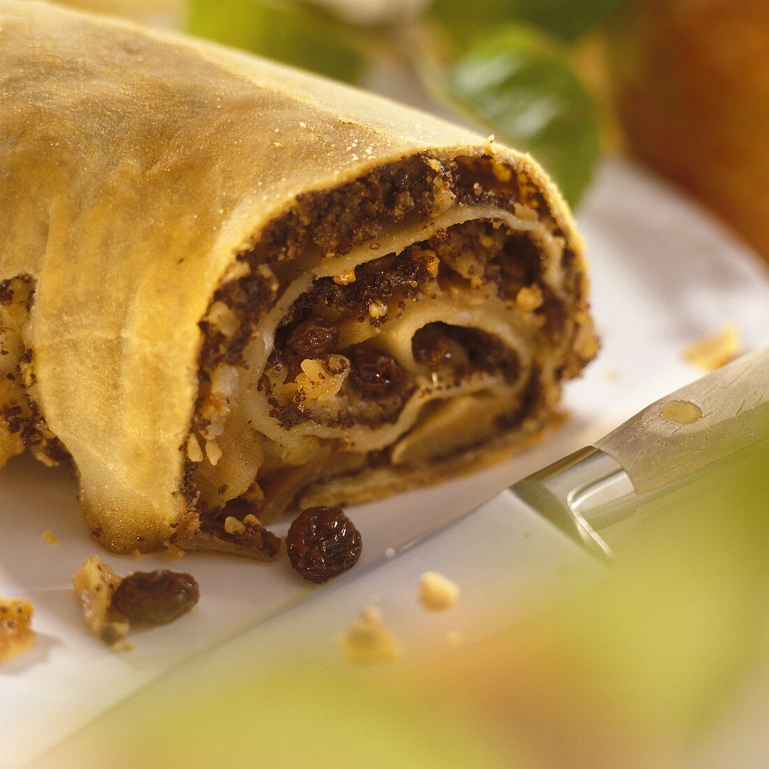 Apple and poppy seed strudel with raisins