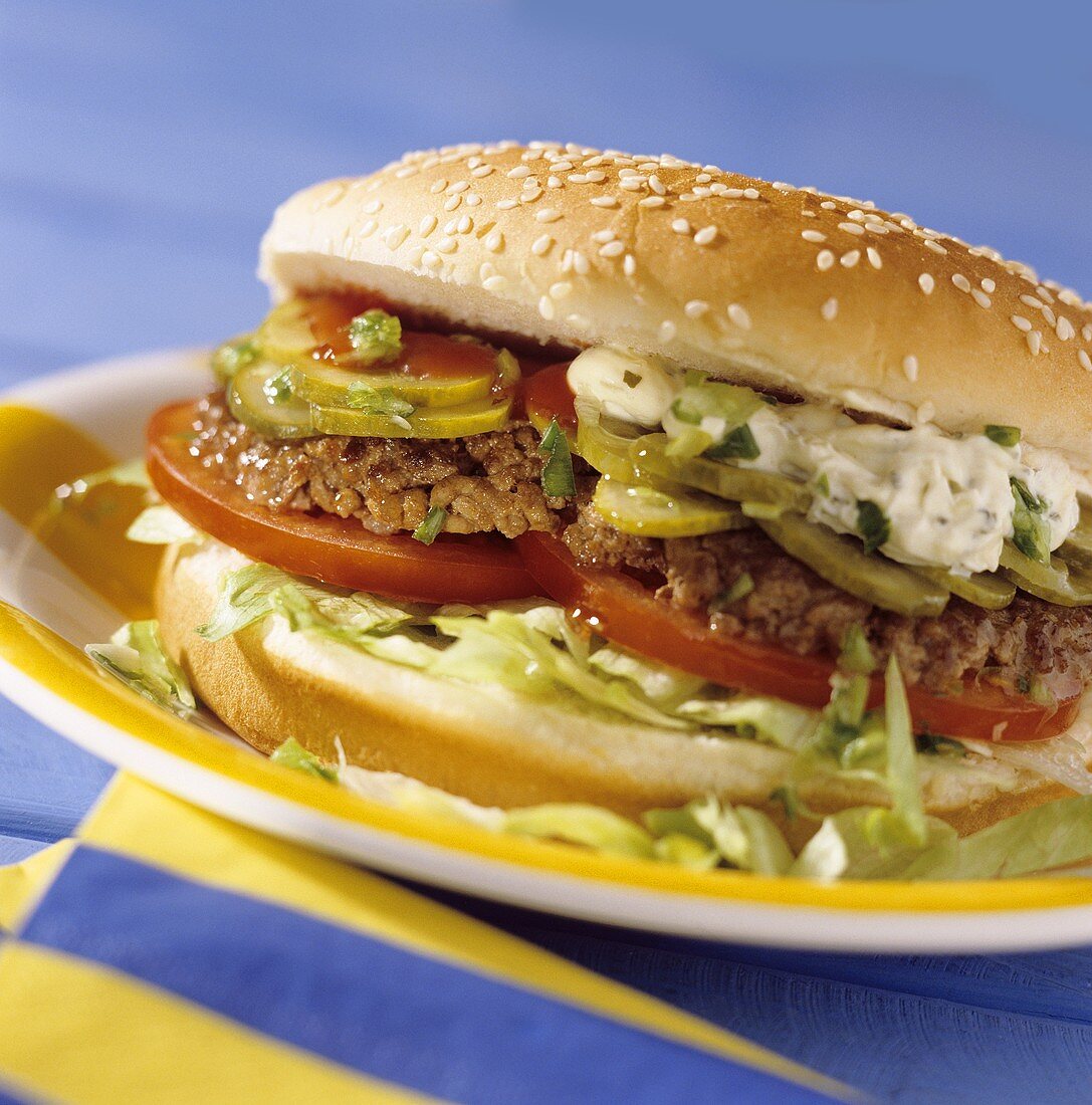 Hamburger with spring onion mayonnaise