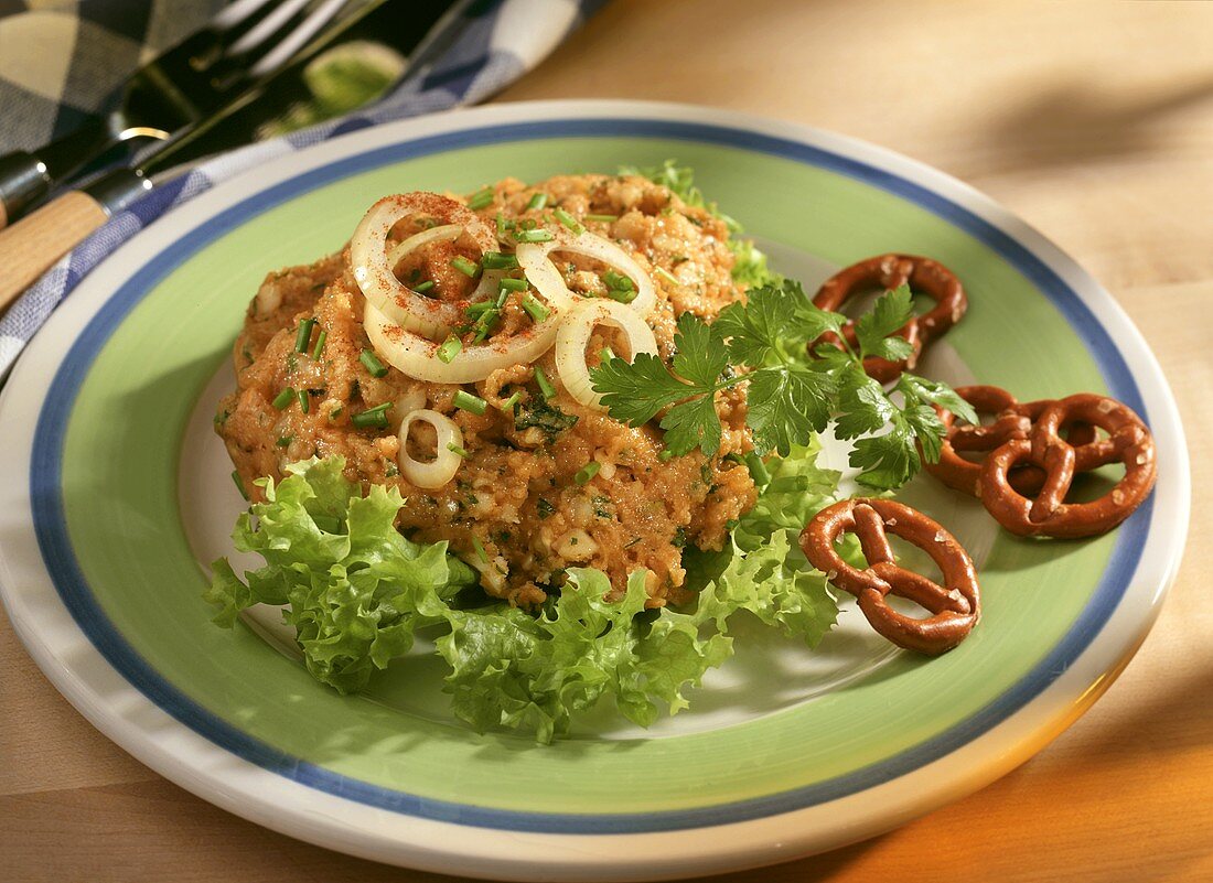 Obatzter (Bavarian cheese spread) with onions & small pretzels