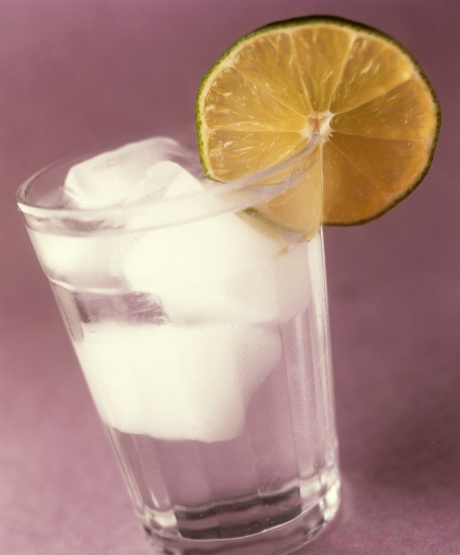 Gin Tonic mit Eiswürfeln und Limettenscheibe