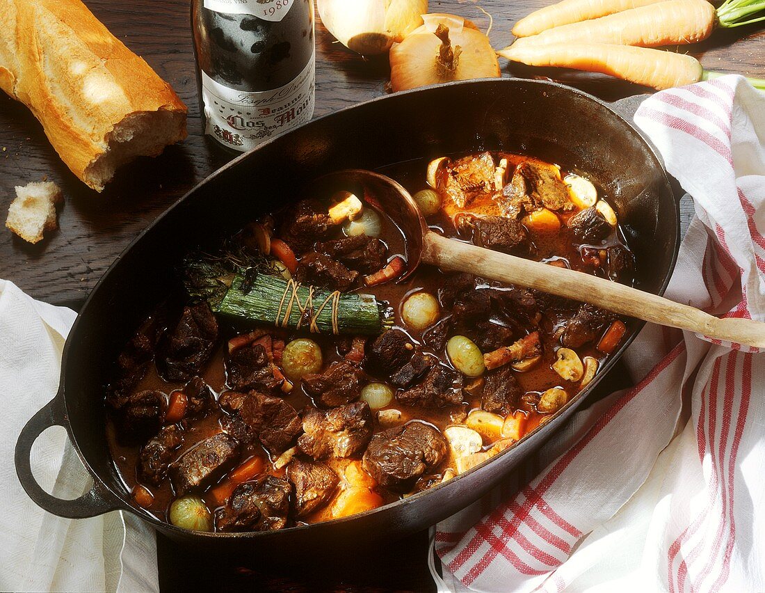 Boeuf bourguignon in a cast iron casserole