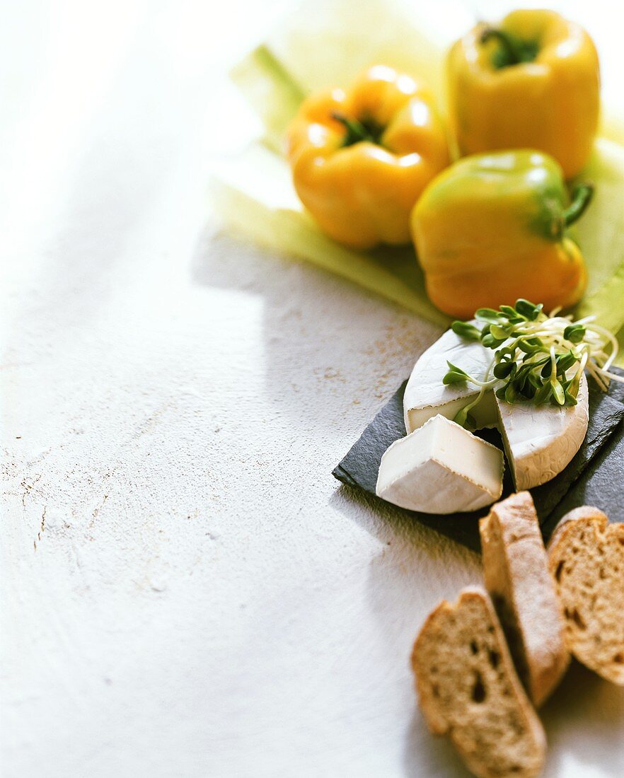 Stillleben mit Camembert, Paprikaschoten und Brotscheiben