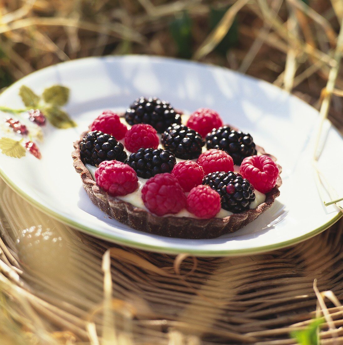 Berry tartlet on a plate on wicker tray