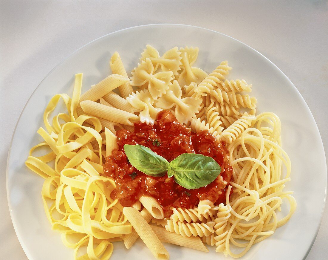 Mixed pasta with tomato sauce and basil leaf