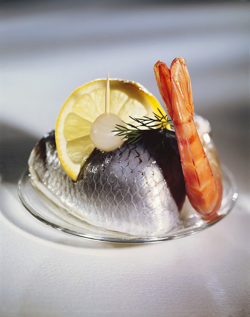 Herring & shrimp, garnished with silverskin onion & lemon
