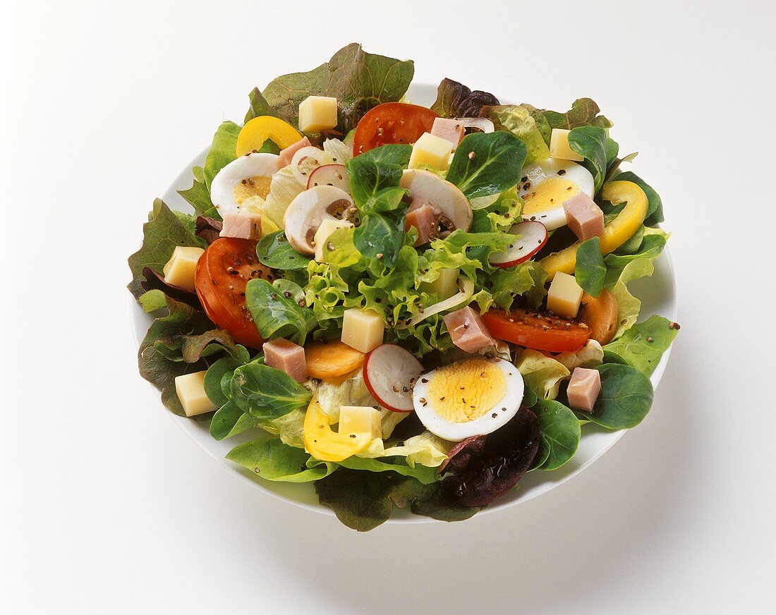 Mixed salad leaves with vegetables, egg, ham in dish