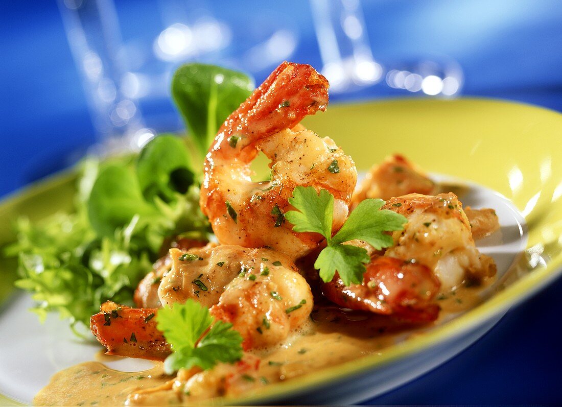 Jumbo prawns and crayfish with parsley in champagne sauce