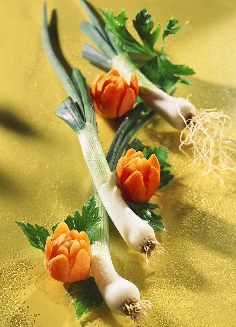Spring onions, carved carrots and parsley