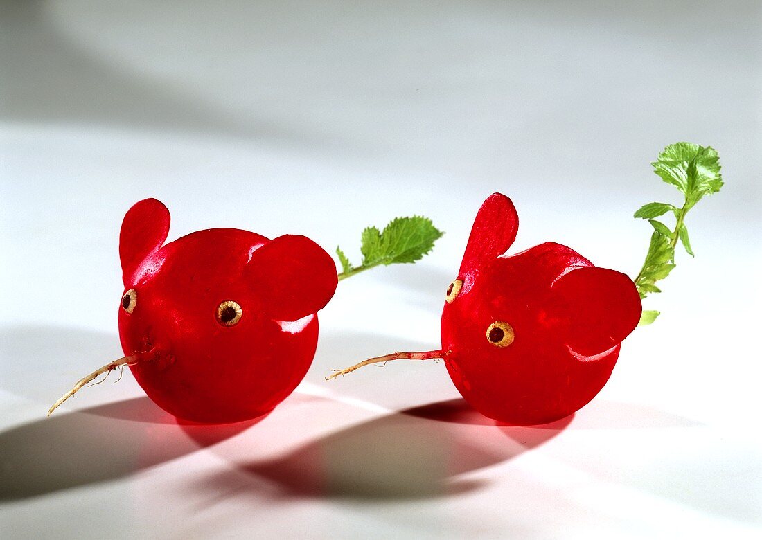 Two radish mice on light background