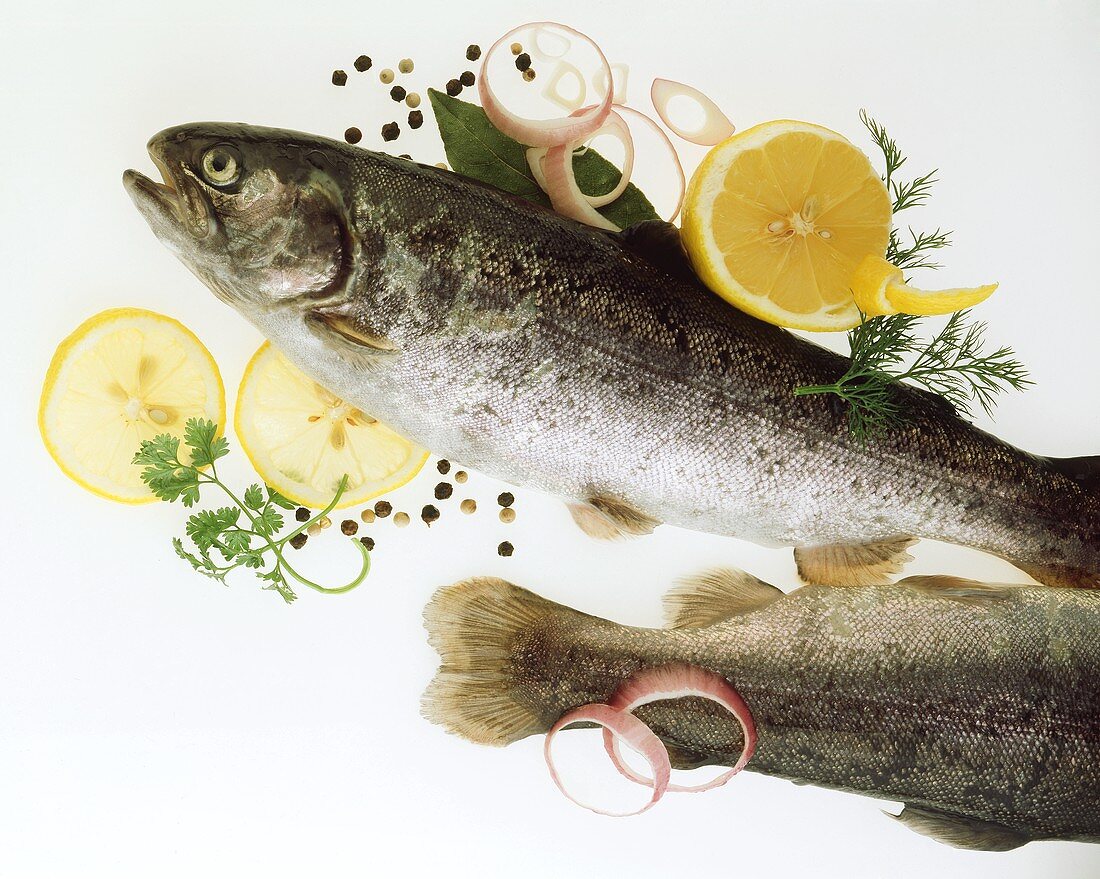 Two trout with lemon, onion rings and herbs