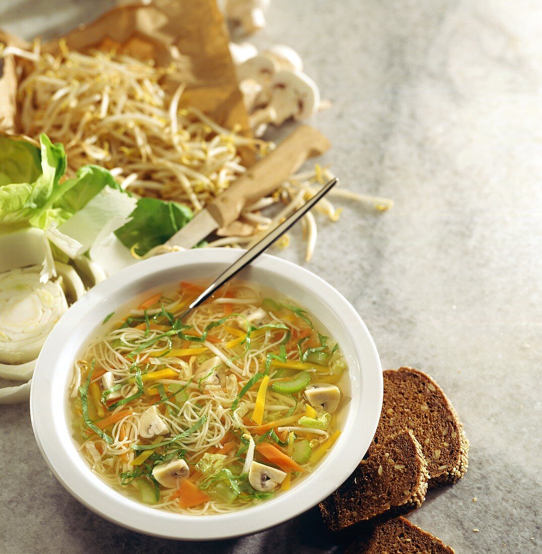 Vitamin soup: vegetable broth with noodles and sprouts