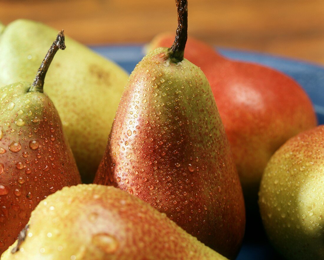 Fresh pears with drops of water