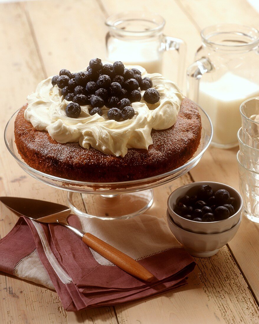 Blueberry cake with cream & icing sugar on cake plate