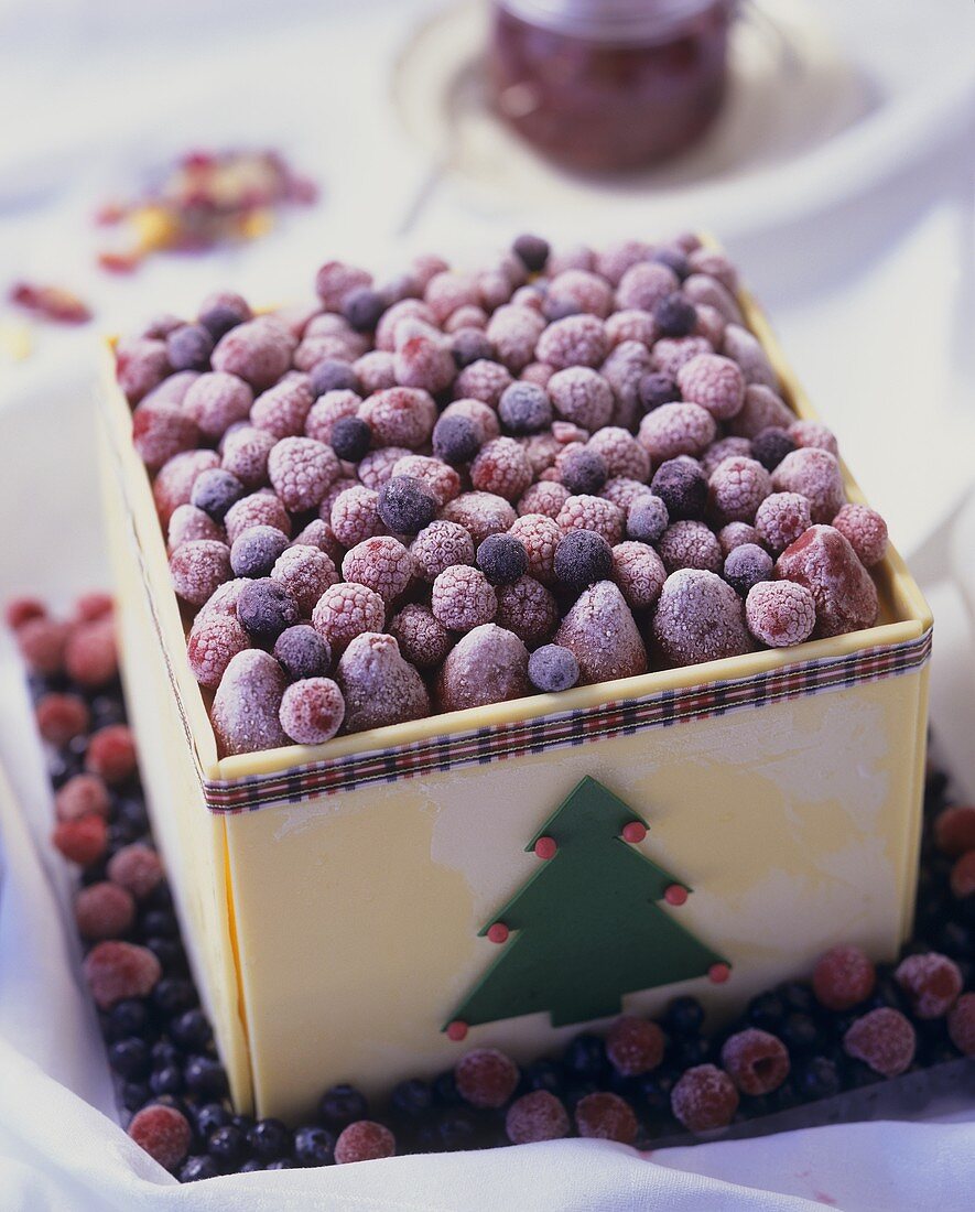 Christmas ice cream gateau with frozen berries