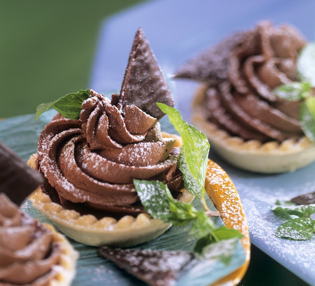 Chocolate tartlet with mint and icing sugar