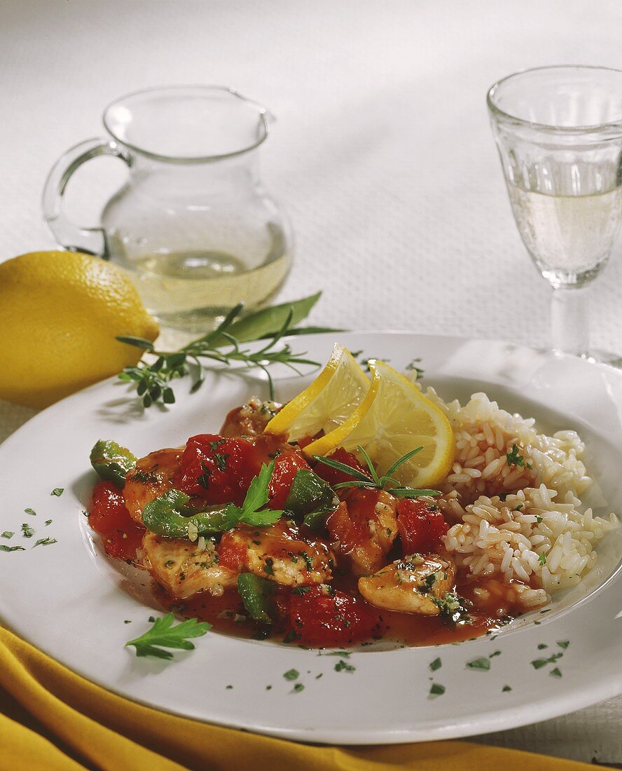 Turkey ragout with tomatoes, rice and lemon slices