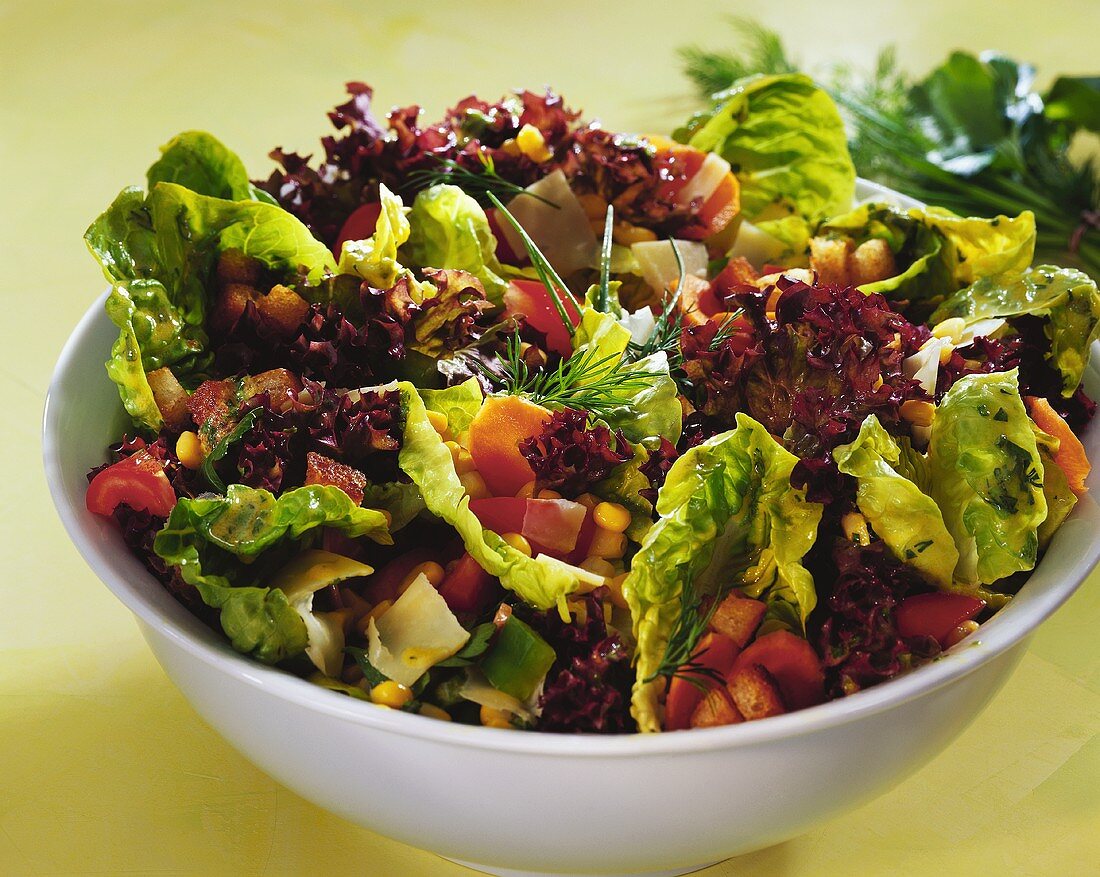 Gemischter Blattsalat mit Gemüse und frischen Kräutern