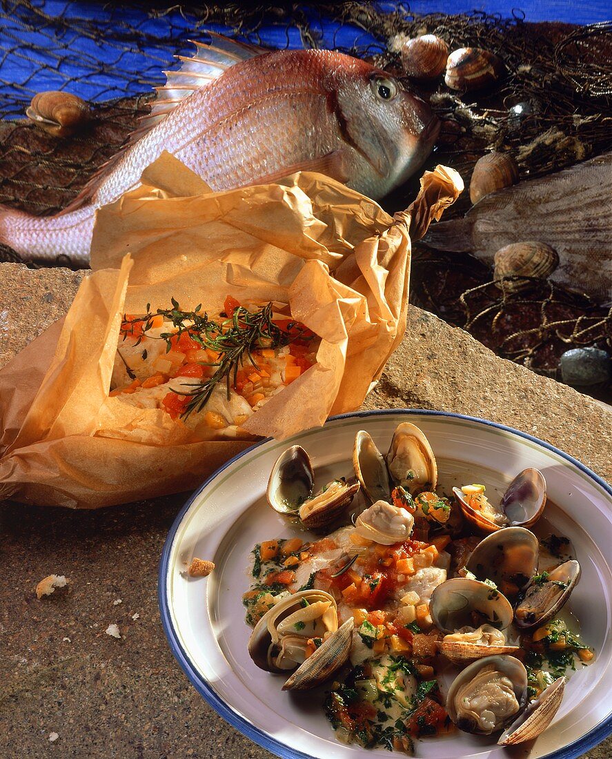 Fish and mussel ragout with diced tomatoes and carrots