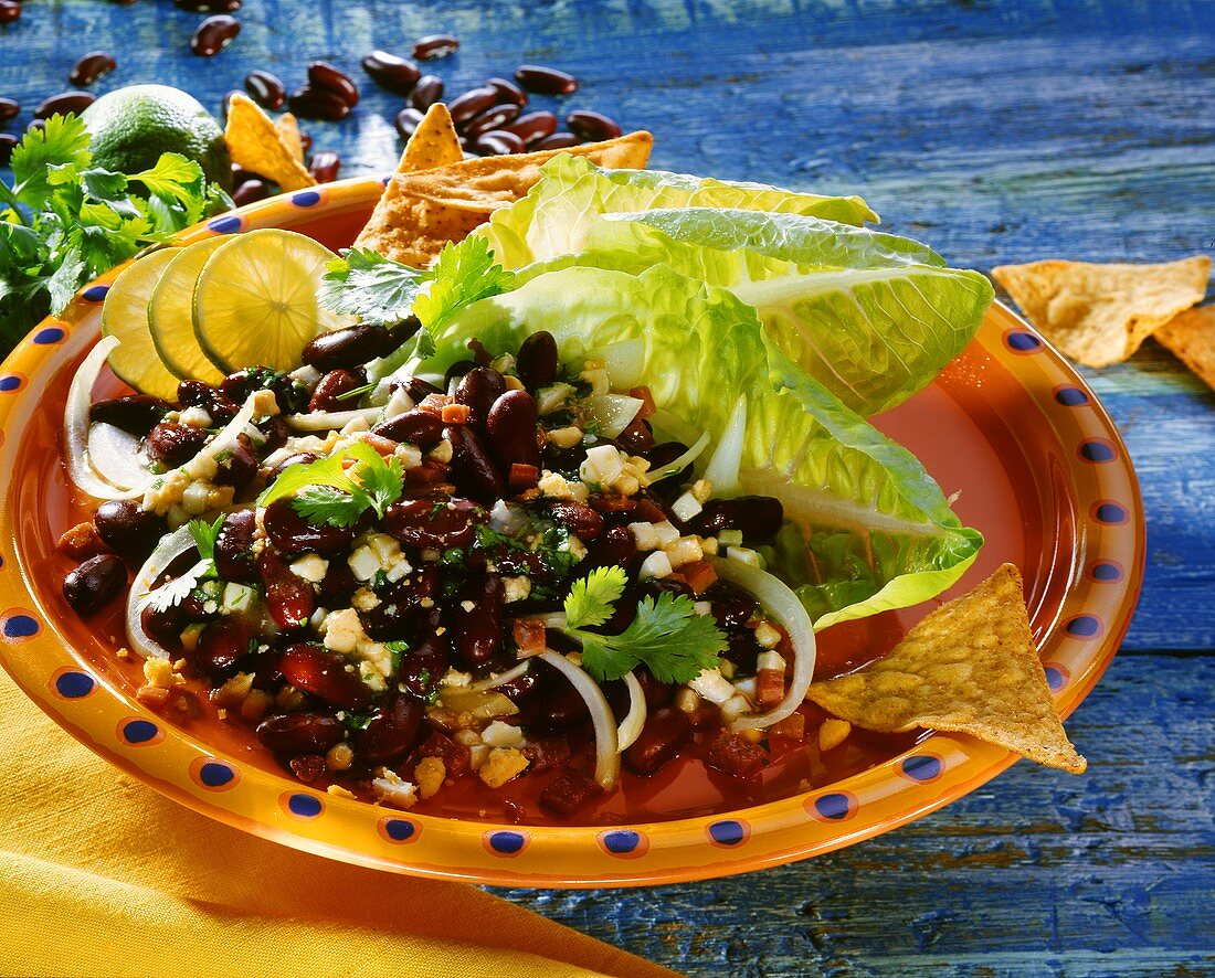 Kidney bean salad with onions, limes and taco chips