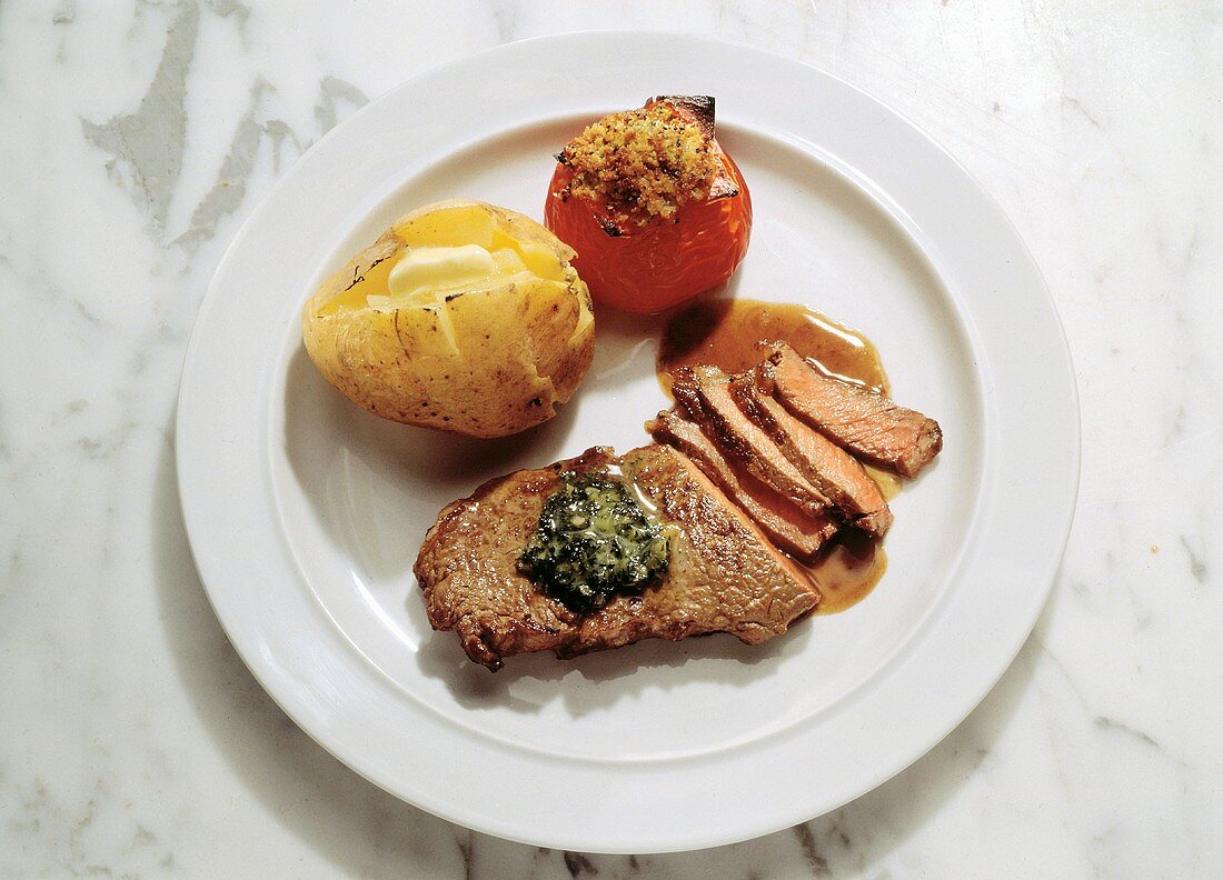 Loin Steak with Baked Potato; Grilled Tomato