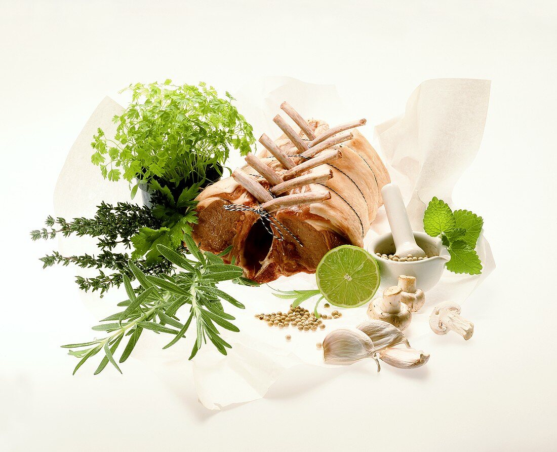 Lamb chops, fresh herbs and spices