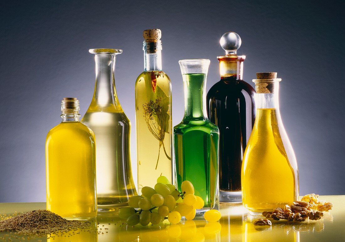 Various types of oil in bottles