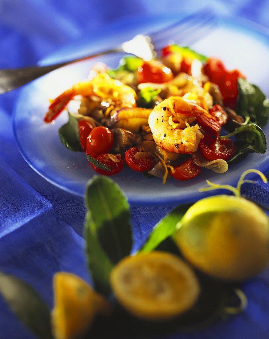 Tomato and aubergine salad with shrimps and basil