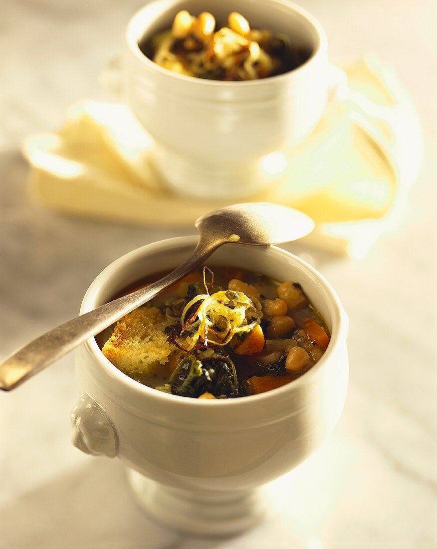 Vegetable soup with white bread and onions