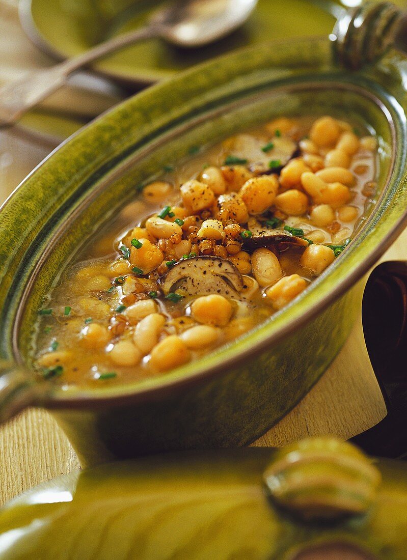 Bean soup with chick peas, barley and mushrooms