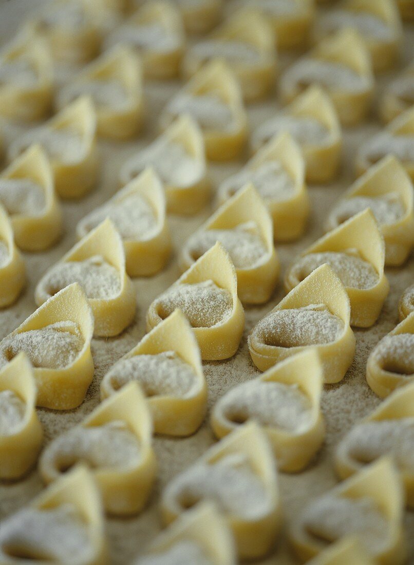 Selbstgemachte Tortellini in Reihen