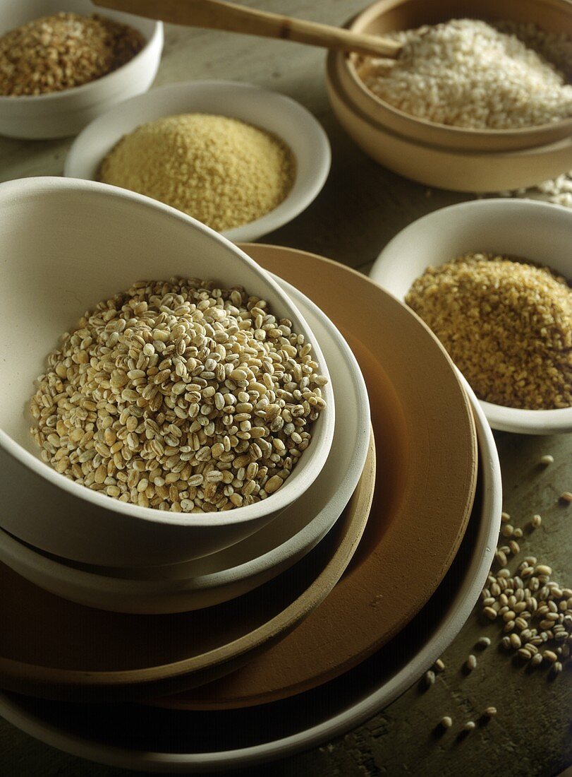 Various types of grain in bowls