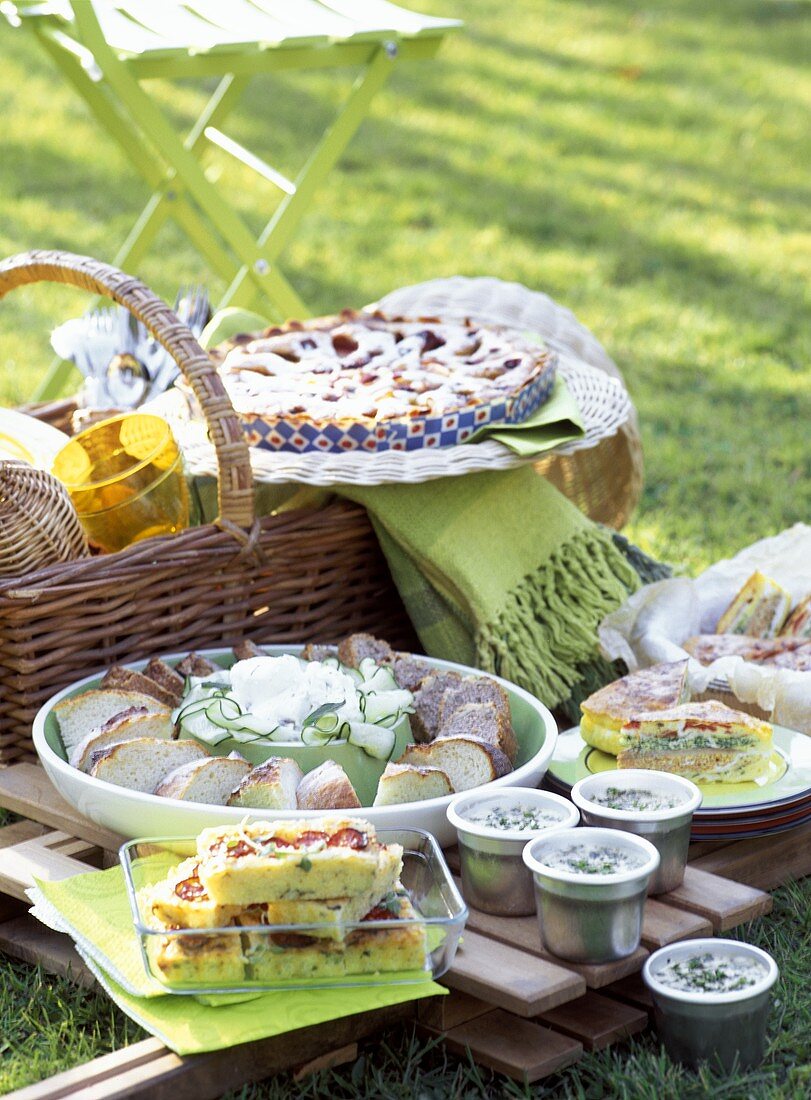Picnic with pie, salad and cake in a meadow