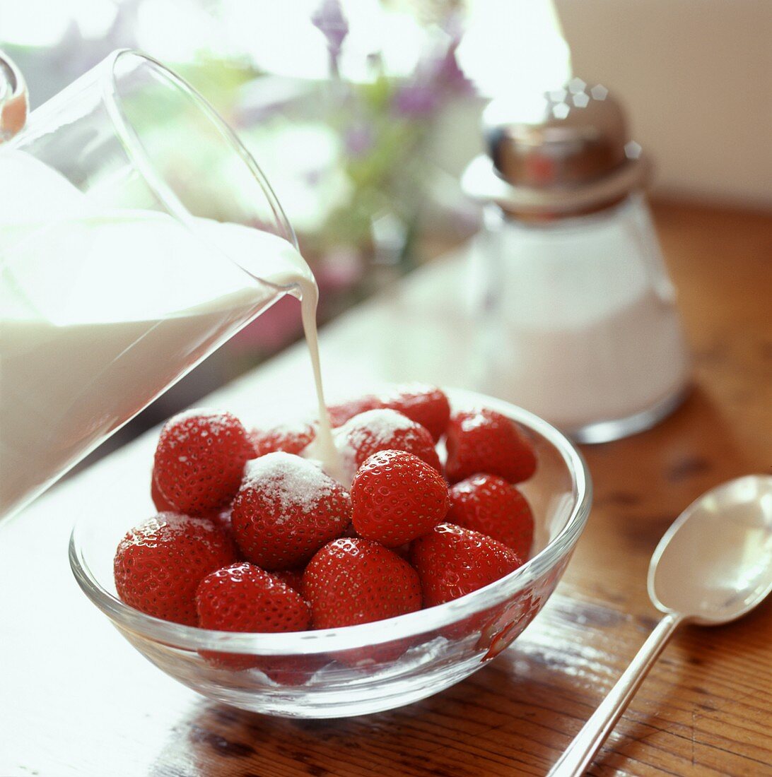 Pouring milk over strawberries in a small bowl