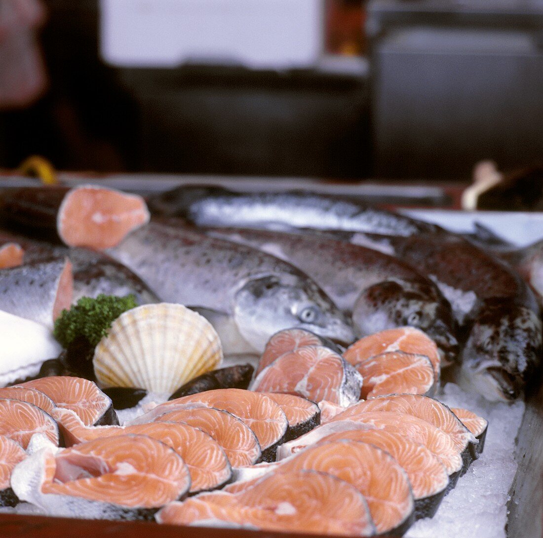 Fresh salmon and salmon cutlets at the market