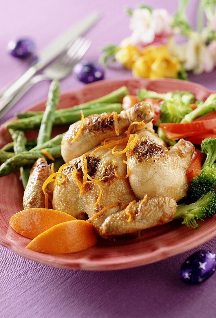 Caramelised roast chicken with orange zest & vegetables