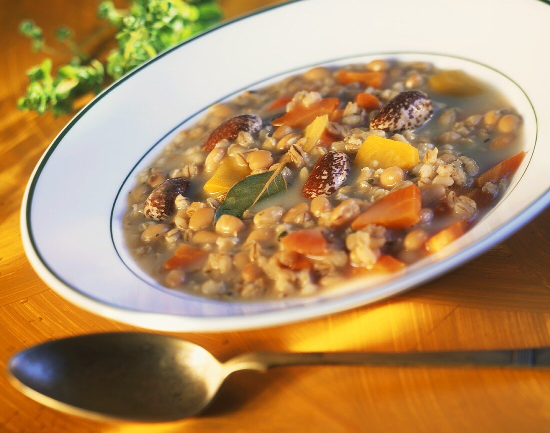 Barley soup with beans, carrots and chick peas 