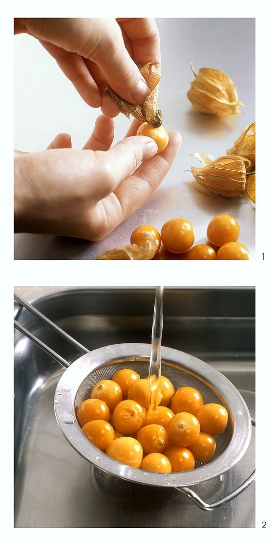 Removing physalis from calyx and washing in sieve