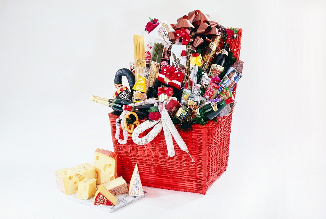 Gift hamper with various foods and drinks