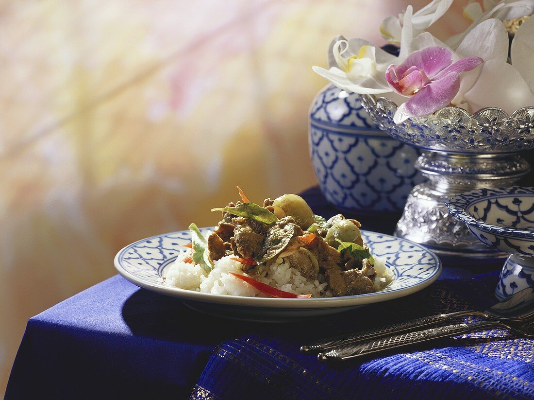 Grünes Rindfleisch-Curry mit Thai-Auberginen, Basilikum, Reis
