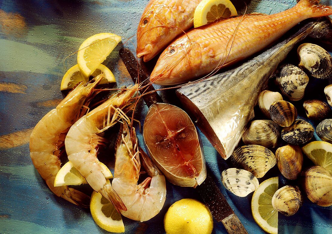 Still life with fresh fish, shrimps, mussels and lemons