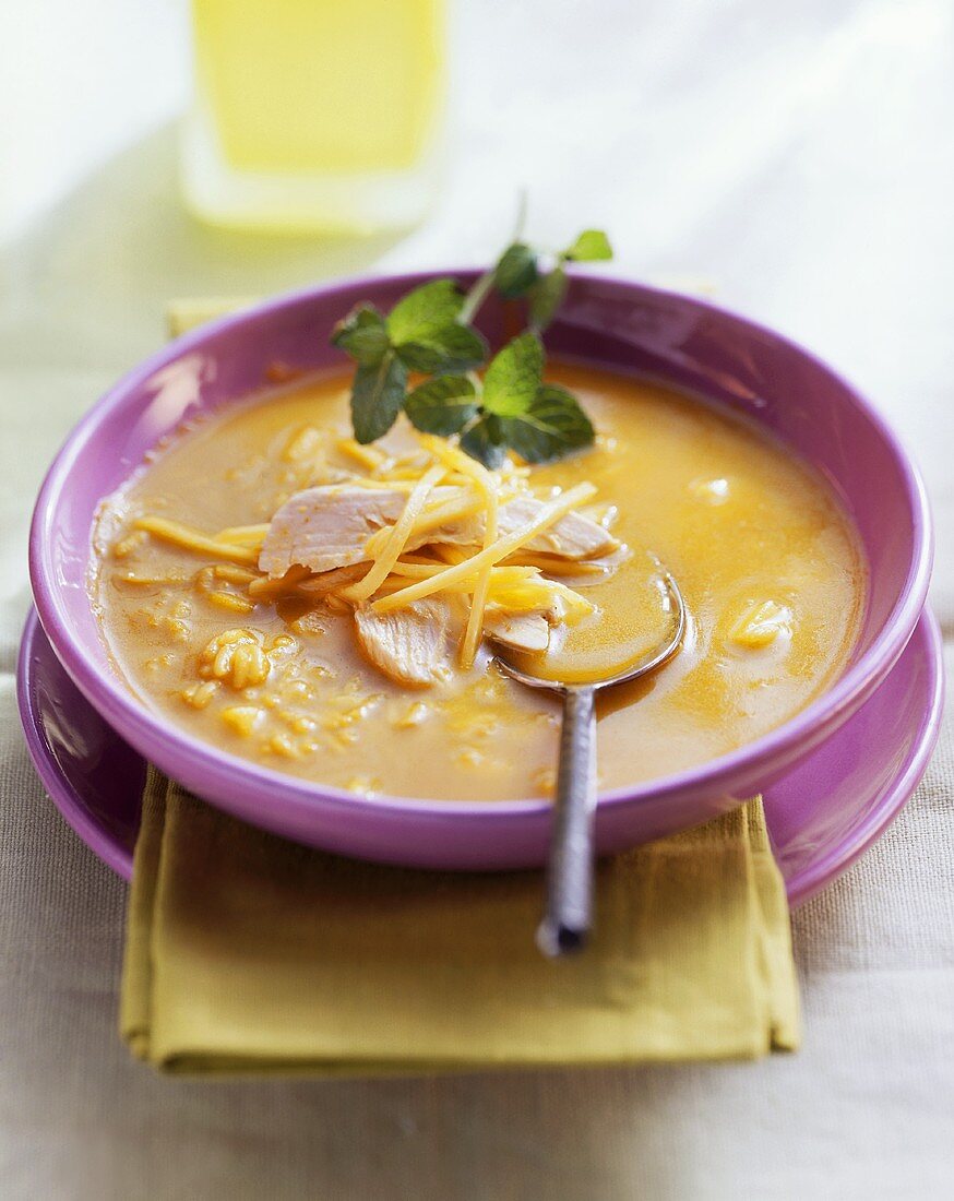 Mango soup with chicken breast and fresh mint