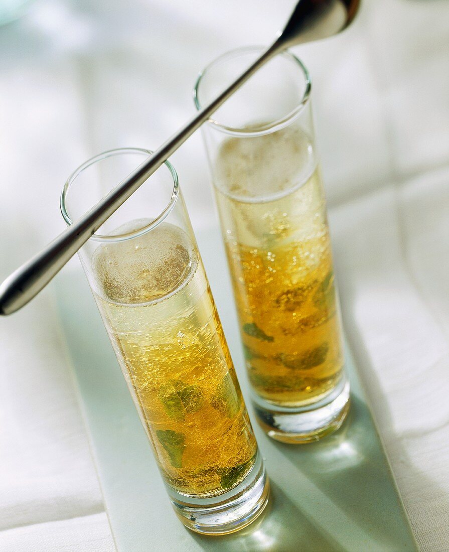 Lightly jellied champagne soup in two glasses