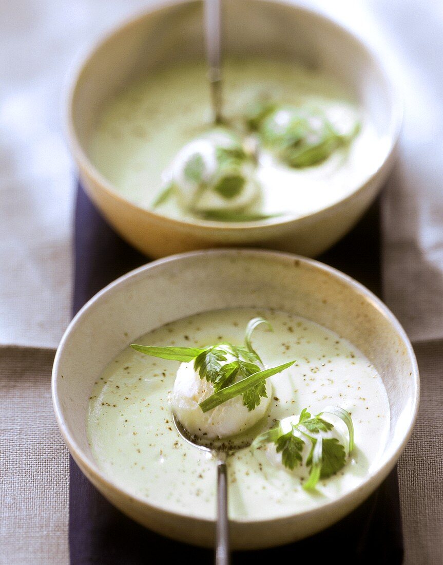 Herb soup with fresh goat's cheese