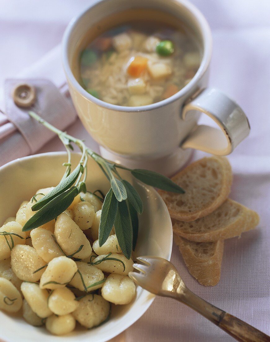 Gnocchi with sage butter; vegetable broth with rice; baguette