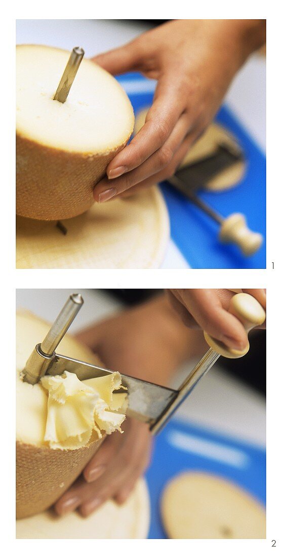 Placing Tête de moine cheese on girolle & scraping off ruffles