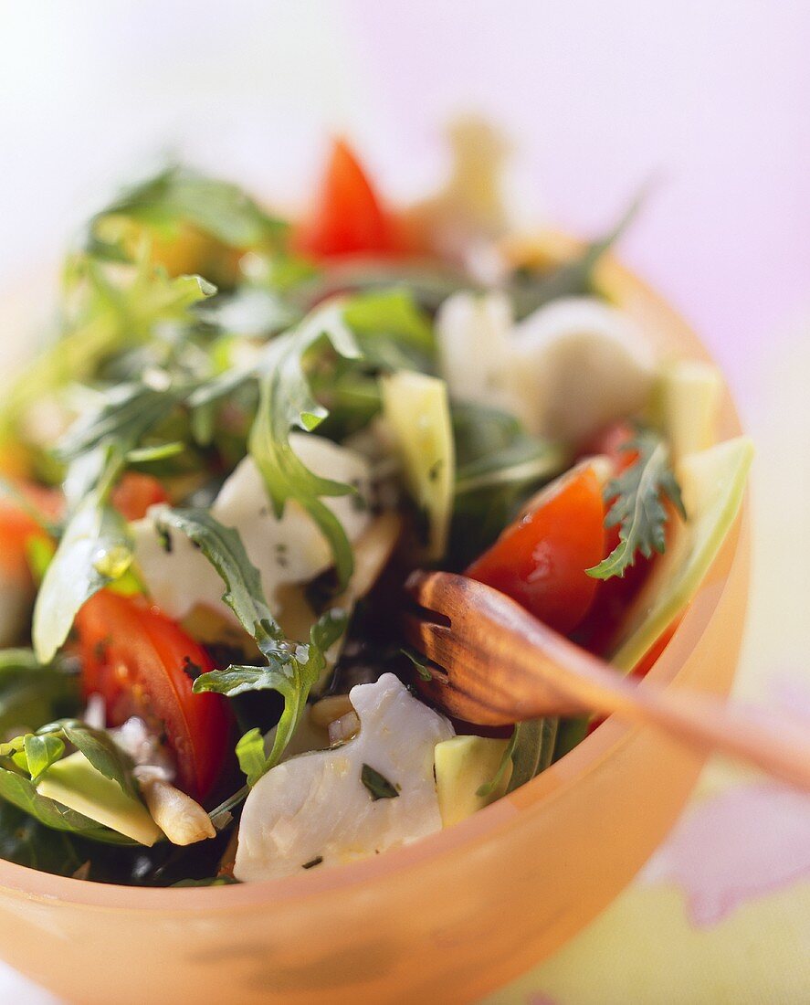 Brunnenkresse-Rucola-Salat mit Tomaten und Mozzarella-Häschen