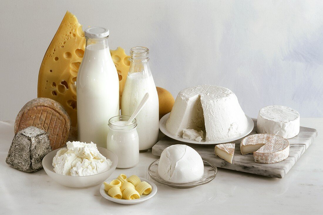Various dairy products: milk, cheese, quark, butter etc