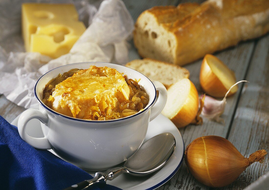 French onion soup, surrounded by ingredients