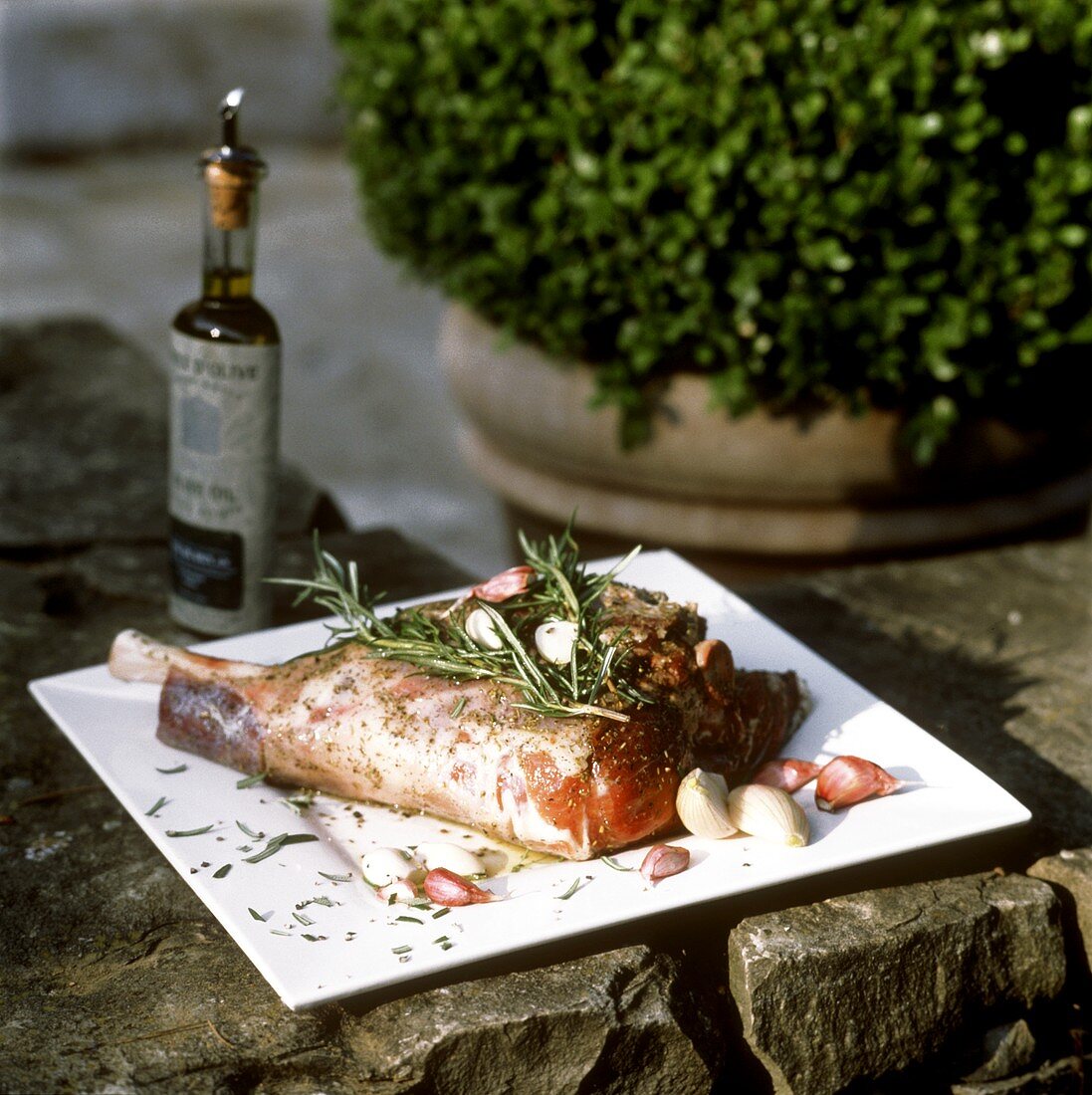 Leg of lamb with rosemary on stone wall, olive oil bottle