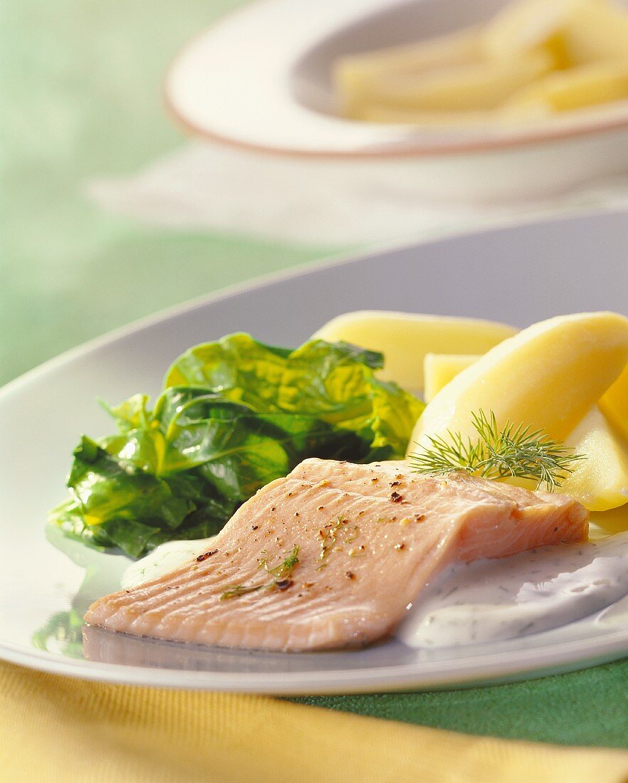 Salmon trout with spinach and boiled potatoes